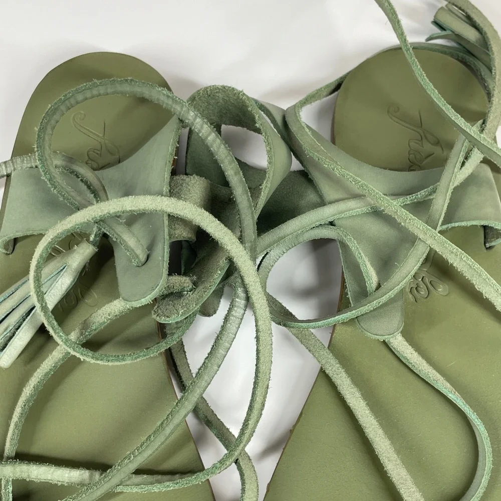 Sz 6.5 Free People Sage Green Leather Lace Up Gladiator Tassel Sandals 37 Boho